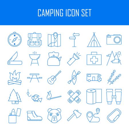 Camping icons.  Backpack, axe, hiking boots, map, compass and other things for camping. Line art vector illustration.のイラスト素材