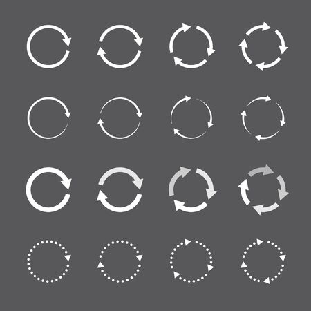 Set of white circle vector arrows in modern style. Element for websites, illustration of connection, orient, for cursors or motion. Vector illustration on a black background.のイラスト素材