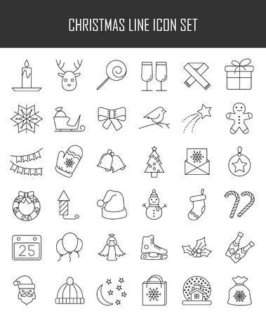 Christmas and winter line icons set in single color. Vector clean icons set for application user interface and web design. Useful for Christmas, happy New Years and other holidays infographics.のイラスト素材