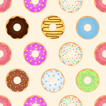 Seamless pattern with glazed colorful donuts. Vector illustration of sweet donuts on a light background.のイラスト素材