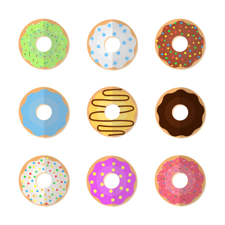 Set of colorful donuts. Vector illustration of sweet donuts into the glaze collection isolated on a white background. Modern flat style.のイラスト素材