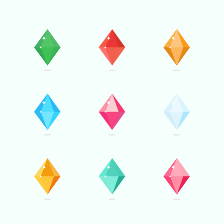 Cartoon vector gems and diamonds set in a flat style in different colors. Diamond stones isolated on a colored background. Vector illustration.のイラスト素材