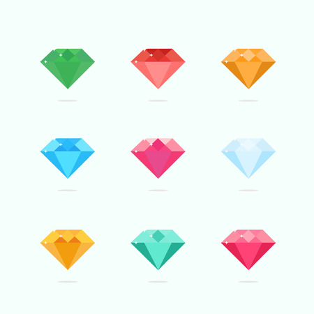 Cartoon vector gems and diamonds set in a flat style in different colors. Diamond stones isolated on a colored background. Vector illustration.のイラスト素材