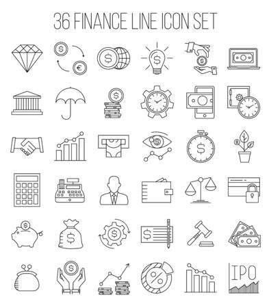 Modern thin line icons set of finance, investment, banking and money. Premium quality outline symbol collection. Simple mono linear pictogram pack for web graphics. Wallet, moneybox, coins and others.のイラスト素材