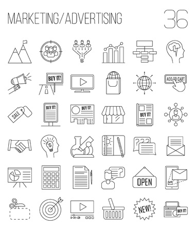 Marketing icons. Advertising and media signs. Marketplace, direct massage, coupon, billboard, statistics and other things. Line art vector illustration.のイラスト素材
