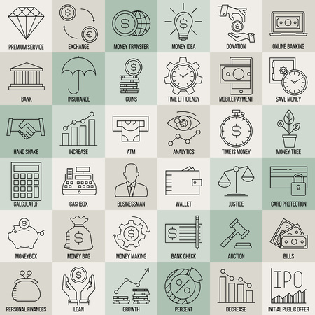 Modern thin line icons set of finance, investment, banking and money. Premium quality outline symbol collection. Simple mono linear pictogram pack for web graphics. Wallet, moneybox, coins and others.のイラスト素材