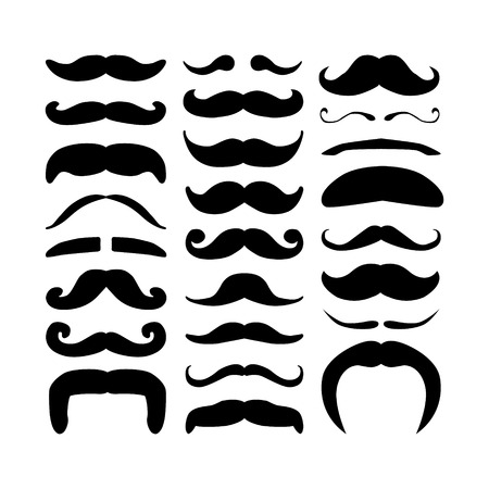 Huge set of black silhouette hipster vector mustaches. Collection of men`s retro mustache. Hairstyles for barber, avatars, cards and other pictures. Vector illustration isolated on a white background.のイラスト素材
