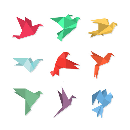 Origami paper birds in a flat style. Vector illustration of pigeons / doves / colibri / hummingbirds set on a white background. Polygonal shape. Paper figures on flight.のイラスト素材