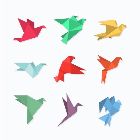 Origami paper birds in a flat style. Vector illustration of pigeons / doves / colibri / hummingbirds set on a light background. Polygonal shape. Paper figures on flight.のイラスト素材