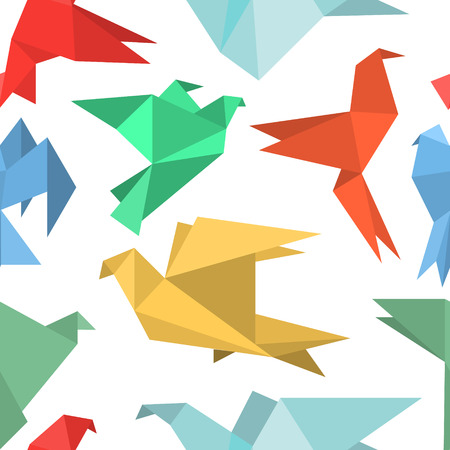 Origami paper birds in a flat style. Seamless pattern of pigeons / doves / colibri / hummingbirds set on a light background. Polygonal shape. Paper figures on flight. Vector illustration.のイラスト素材