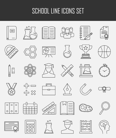 Education and back to school line icons set. Modern outline collection of school items and college objects, education equipment and teaching symbols. Vector illustration isolated on white background.のイラスト素材