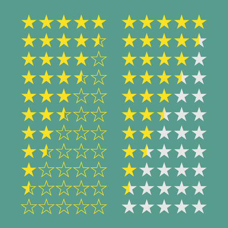 Simple flat gold star rating 5 to 0 stars (full and half stars). Average rating template bar. Vector illustration isolated on a background.のイラスト素材