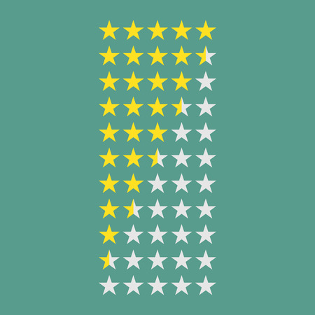 Simple flat gold star rating 5 to 0 stars (full and half stars). Average rating template bar. Vector illustration isolated on a background.のイラスト素材