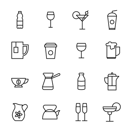 Set of drinks icons in modern thin line style. High quality black outline water, beer, milk symbols for web site design and mobile apps. Simple linear drinks pictograms on a white background.のイラスト素材