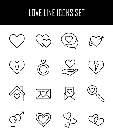 Set of love in modern thin line style. High quality black outline heart symbols for web site design and mobile apps. Simple romance  pictograms on a white background.のイラスト素材