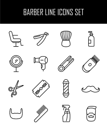 Set of barber in modern thin line style. High quality black outline barber shop symbols for web site design and mobile apps. Simple linear hair care pictograms on a white background.のイラスト素材