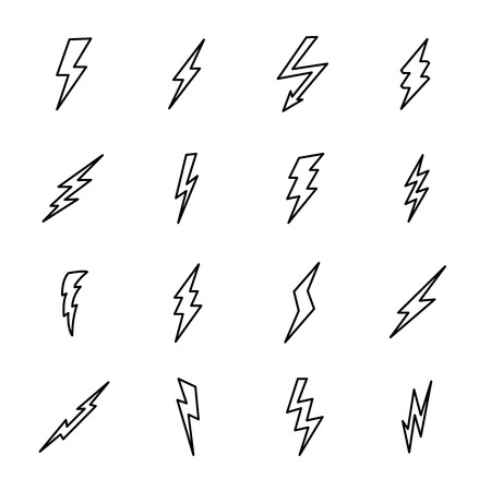 Set of lightning bolt icons in modern thin line style. High quality black outline thunderbolt symbols for web site design and mobile apps. Simple bolt pictograms on a white background.のイラスト素材