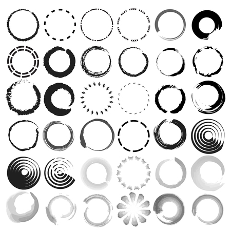 Set of 36 Vector Grunge Logo Design Template. Circle Shape Cycle Creative Symbols. Vector illustration on a white backgroundのイラスト素材