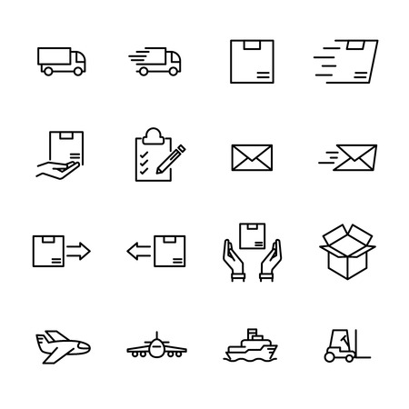 Set of 16 delivery thin line icons. High quality pictograms of logistics. Modern line art style icons collection.のイラスト素材