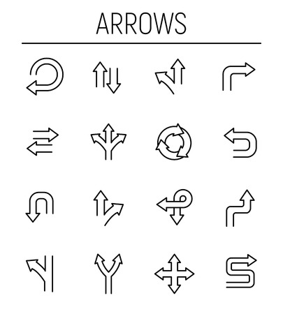Set of arrow icons in modern thin line style. High quality black outline direction symbols for web site design and mobile apps. Simple arrow pictograms on a white background.のイラスト素材