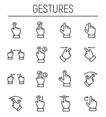 Set of gesture in modern thin line style. High quality black outline multi touch symbols for web site design and mobile apps. Simple linear hand pictograms on a white background.のイラスト素材