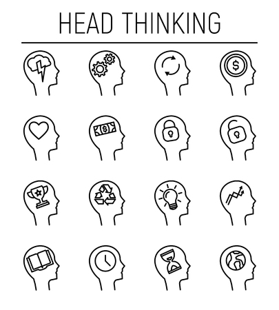 Set of head thinking icons in modern thin line style. High quality black outline human symbols for web site design and mobile apps. Simple people pictograms on a white background.のイラスト素材