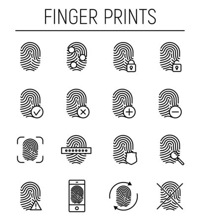Set of fingerprint in modern thin line style. High quality black outline finger print symbols for web site design and mobile apps. Simple linear print pictograms on a white background.のイラスト素材