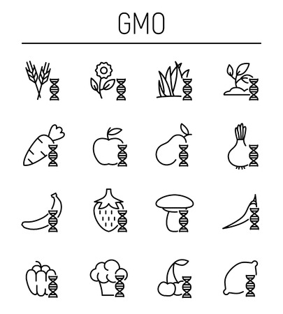 Set of GMO icons in modern thin line style. High quality black outline biology symbols for web site design and mobile apps. Simple GMO pictograms on a white background.のイラスト素材
