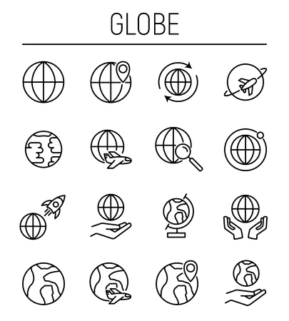 Set of globe in modern thin line style. High quality black outline earth symbols for web site design and mobile apps. Simple globe pictograms on a white backgroundのイラスト素材