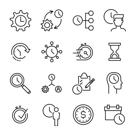 Set of 16 time management thin line icons. High quality pictograms of time. Modern outline style icons collection. Business, reminder, planning; start; schedule, etc.のイラスト素材