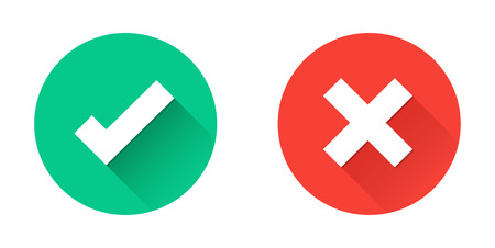 Green tick and red cross checkmarks in circle flat icons. Vector illustration isolated on a white background. Acceptance of voting results. Premium quality.のイラスト素材