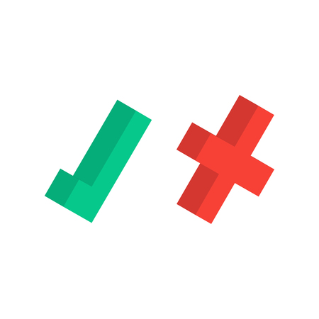 Isolated green tick and red cross flat icons.のイラスト素材