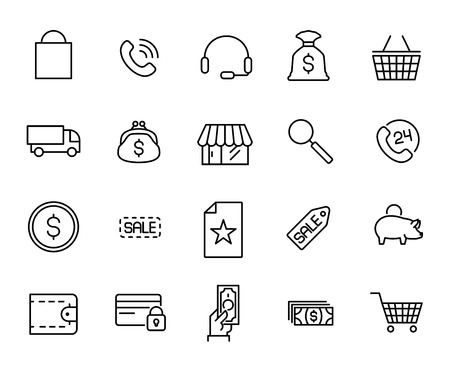 Premium set of e-commerce line icons. Simple pictograms pack. Stroke vector illustration on a white background. Modern outline style icons collection.のイラスト素材