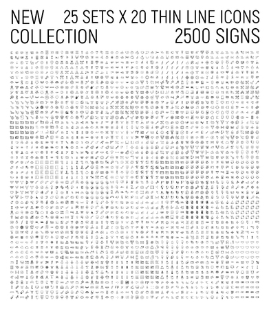 Big collection of 25 sets thin line icon. Premium pack of 2500 signs. Every set contains 20 icons. Vector illustration isolated on a white background. Award, business, management, nature, etc.のイラスト素材