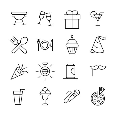 Stroke line icons set of party. Simple symbols for app development and website design. Vector outline pictograms isolated on a white background. Pack of stroke icons.のイラスト素材