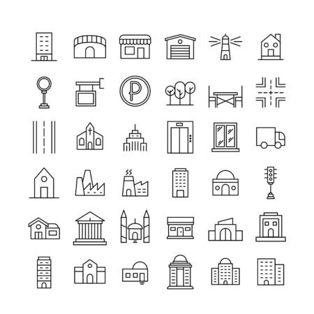 Premium set of city line icons. Web symbols for web sites and mobile app. Modern vector symbols, isolated on a white background. Simple thin line signs.のイラスト素材