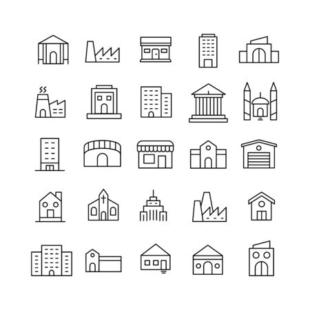 Stroke line icons set of buildings. Simple symbols for app development and website design. Vector outline pictograms isolated on a white background. Pack of stroke icons.のイラスト素材