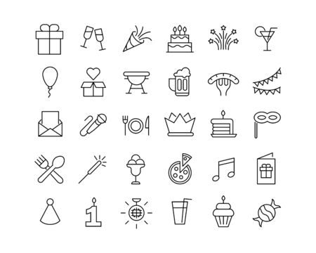 Modern thin line icons set of Birthday. Premium quality symbols. Simple pictograms for web sites and mobile app. Vector line icons isolated on a white background.のイラスト素材