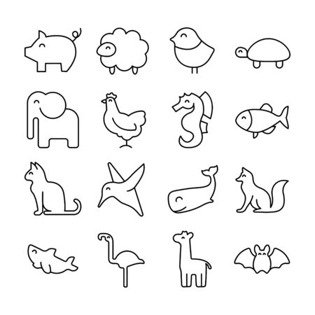 Big set of animals line icons. Vector illustration isolated on a white background. Premium quality symbols. Stroke vector icons for concept or web graphics. Simple thin line signs.のイラスト素材