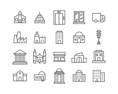 Simple set of city modern thin line icons. Trendy design. Pack of stroke icons. Vector illustration isolated on a white background. Premium quality symbols.のイラスト素材