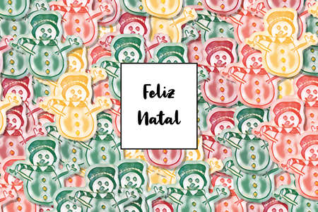 Merry Christmas in portuguese with colored snowman as a backgroundの写真素材