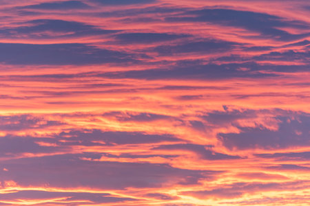 Sunset sky background with tiny clouds. Colorful sunset sky.
