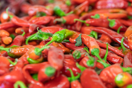 Close-up of a bushel of fresh red chile peppers