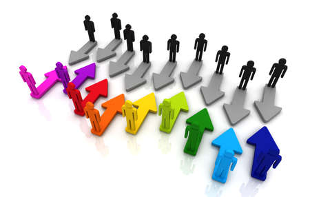 Human encounter arrow direction 3D render war dare colorful contrast concept team groupの写真素材