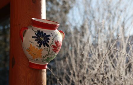 ornamental flowerpot on column at the winterの写真素材