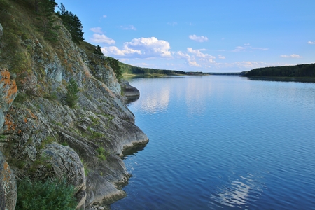 Forest Siberian mountain clean river in Siberiaの写真素材