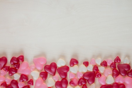 Assorted heart shaped jelly candy and spase for textの写真素材