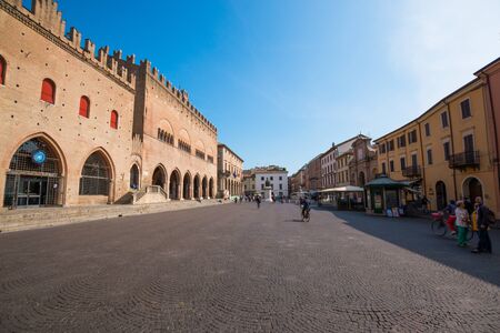 Facade of Rimini City Hall with statue on Cavour square in Rimini, Italyのeditorial素材