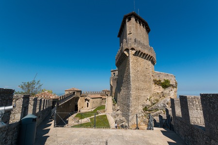 Cesta and The Montale on the cliff edge on Mount Titano. Second Tower. Republic of San Marino inside Italy.のeditorial素材