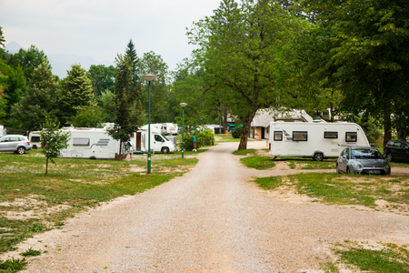 Trailers camping on Bled lake shore in Slovenian Alpsのeditorial素材